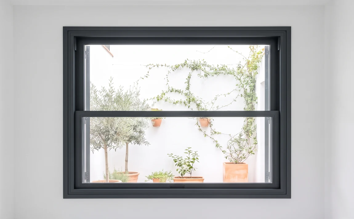 Ventana de guillotina de aluminio a medida en color antracita con apertura vertical hacia patio interior
