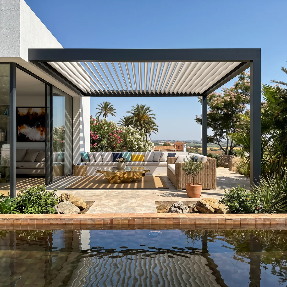 Pérgola bioclimática de aluminio en terraza residencial de Sevilla instalada por SALCOPLUS