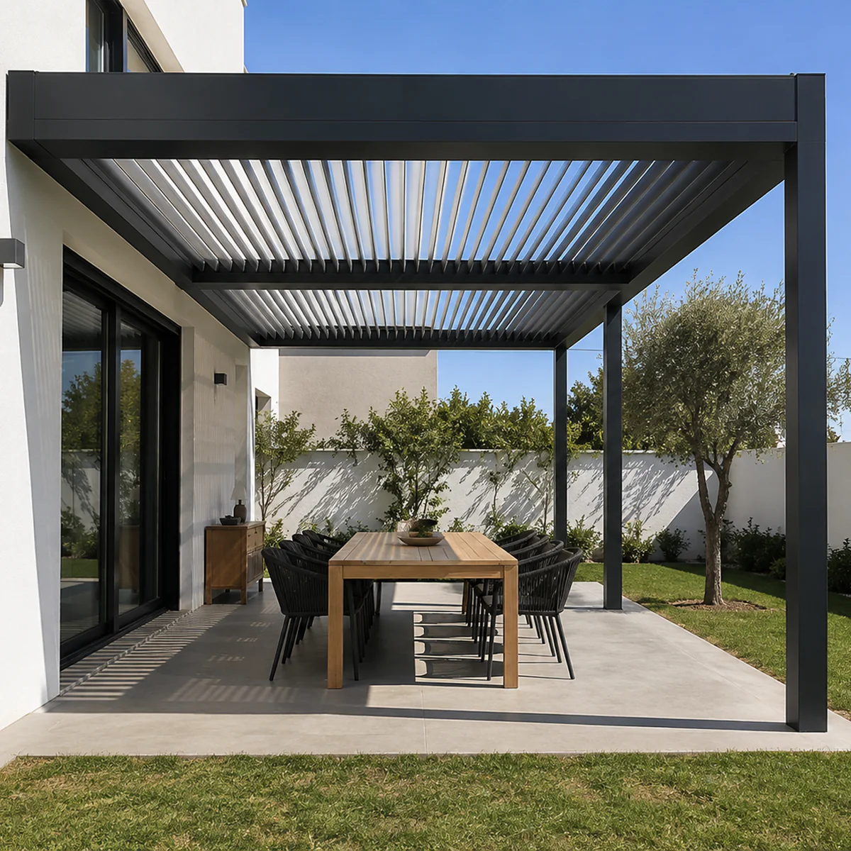 Pérgola bioclimática cerrada de forma automática con sensor de lluvia