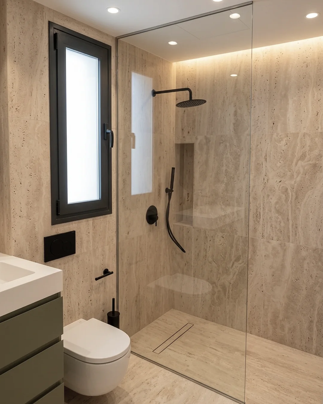 Mampara minimalista elegante de panel fijo en baño de mármol instalada por SALCOPLUS en Sevilla