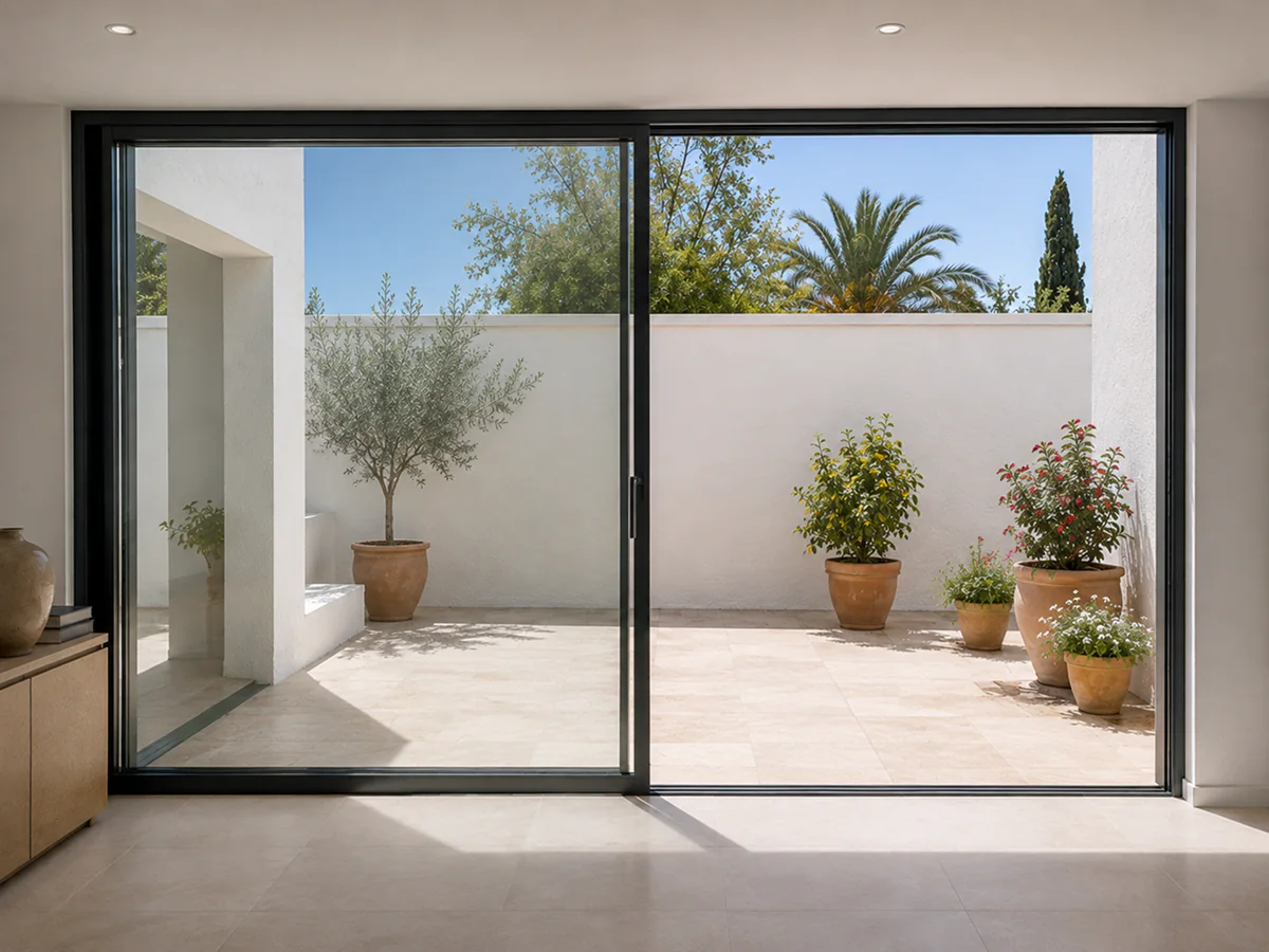 Puertas correderas de vidrio de gran formato con perfilería minimalista en terraza de Sevilla