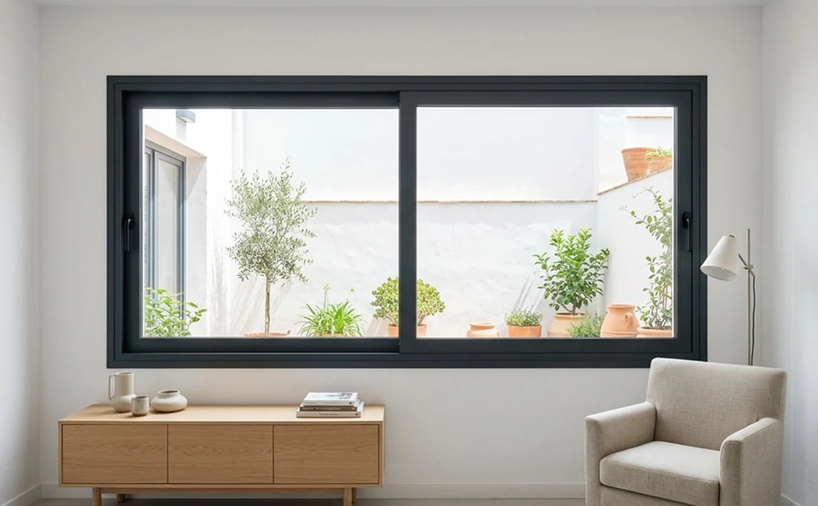 Ventana corredera de aluminio a medida de dos hojas con perfilería antracita y vistas al patio en Sevilla