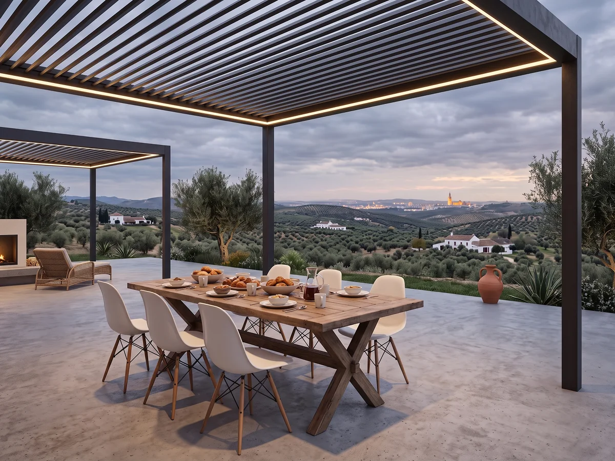 Pérgola bioclimática con iluminación LED perimetral integrada sobre comedor exterior al anochecer