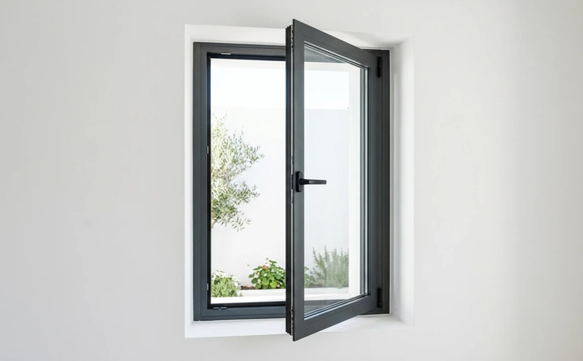 Ventana abatible practicable de aluminio a medida abierta hacia el interior con manilla negra