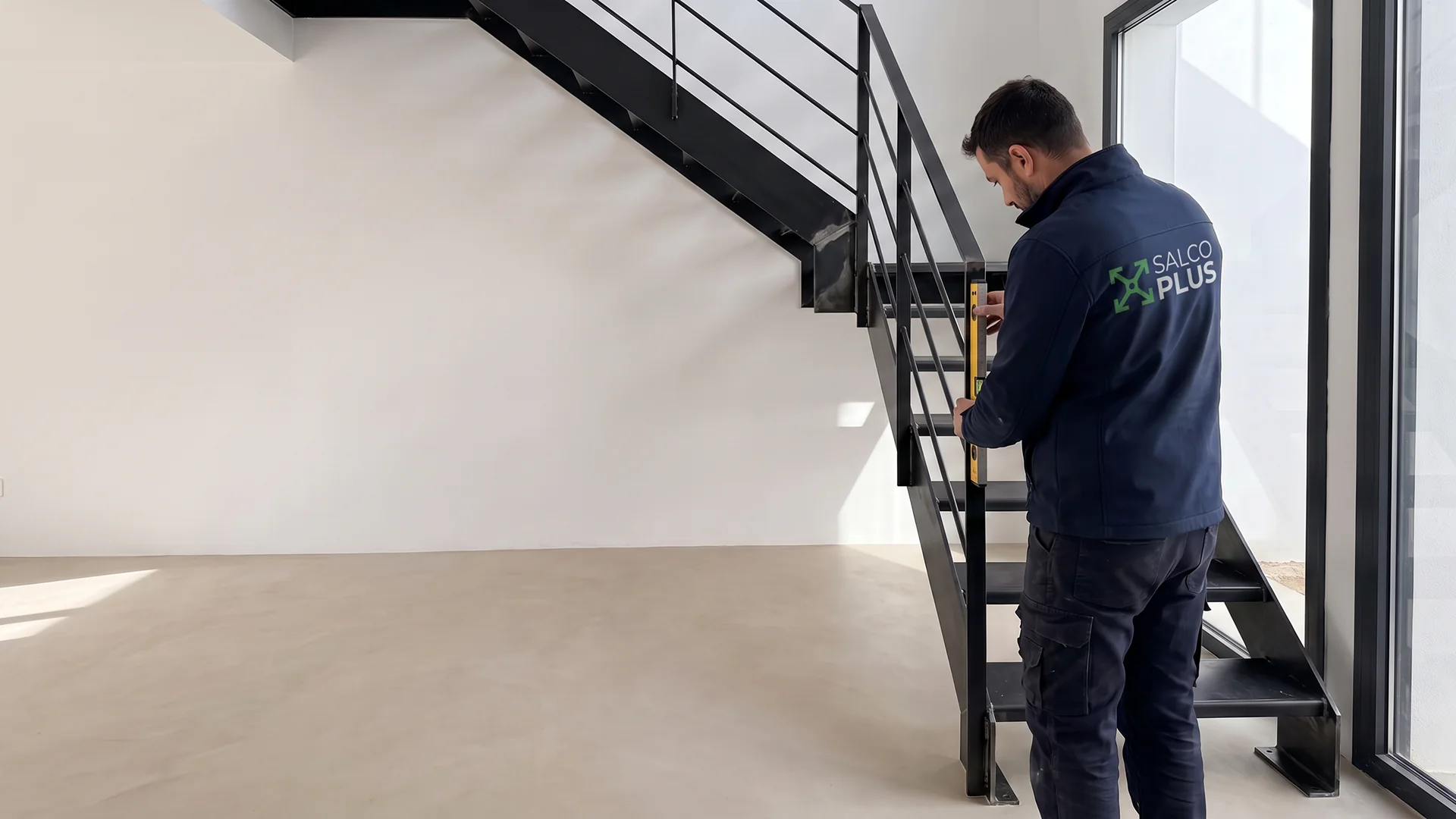 Instalador de SALCOPLUS calibrando escalera de hierro a medida en Sevilla