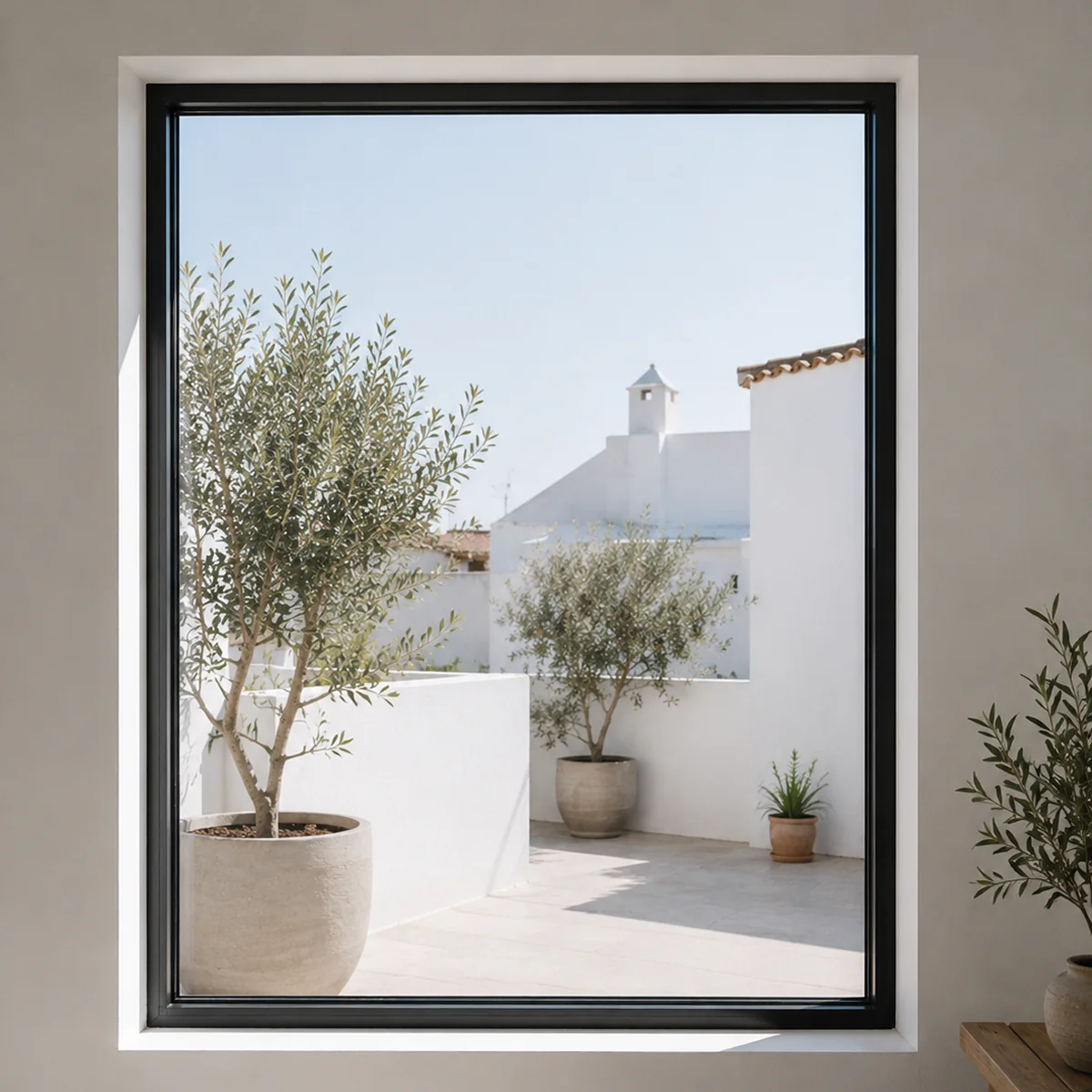 Ventana de aluminio de perfil minimalista con luz natural en una vivienda de Sevilla