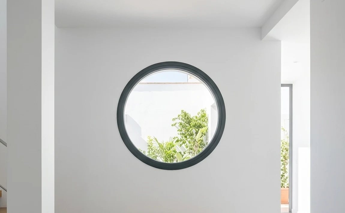 Ventana circular ojo de buey de aluminio a medida con diseño arquitectónico en pared blanca