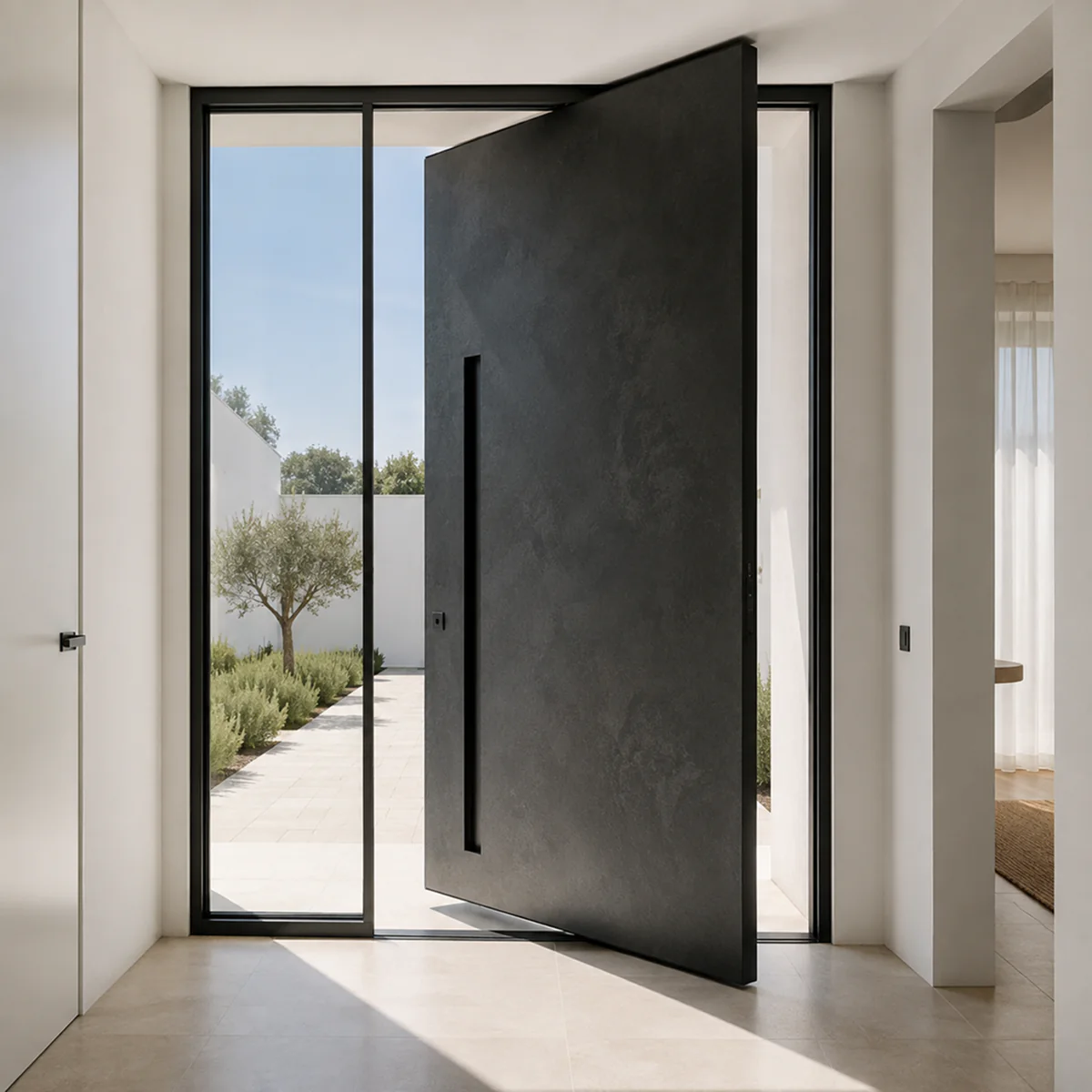 Puerta pivotante de gran formato para entrada de vivienda en Sevilla