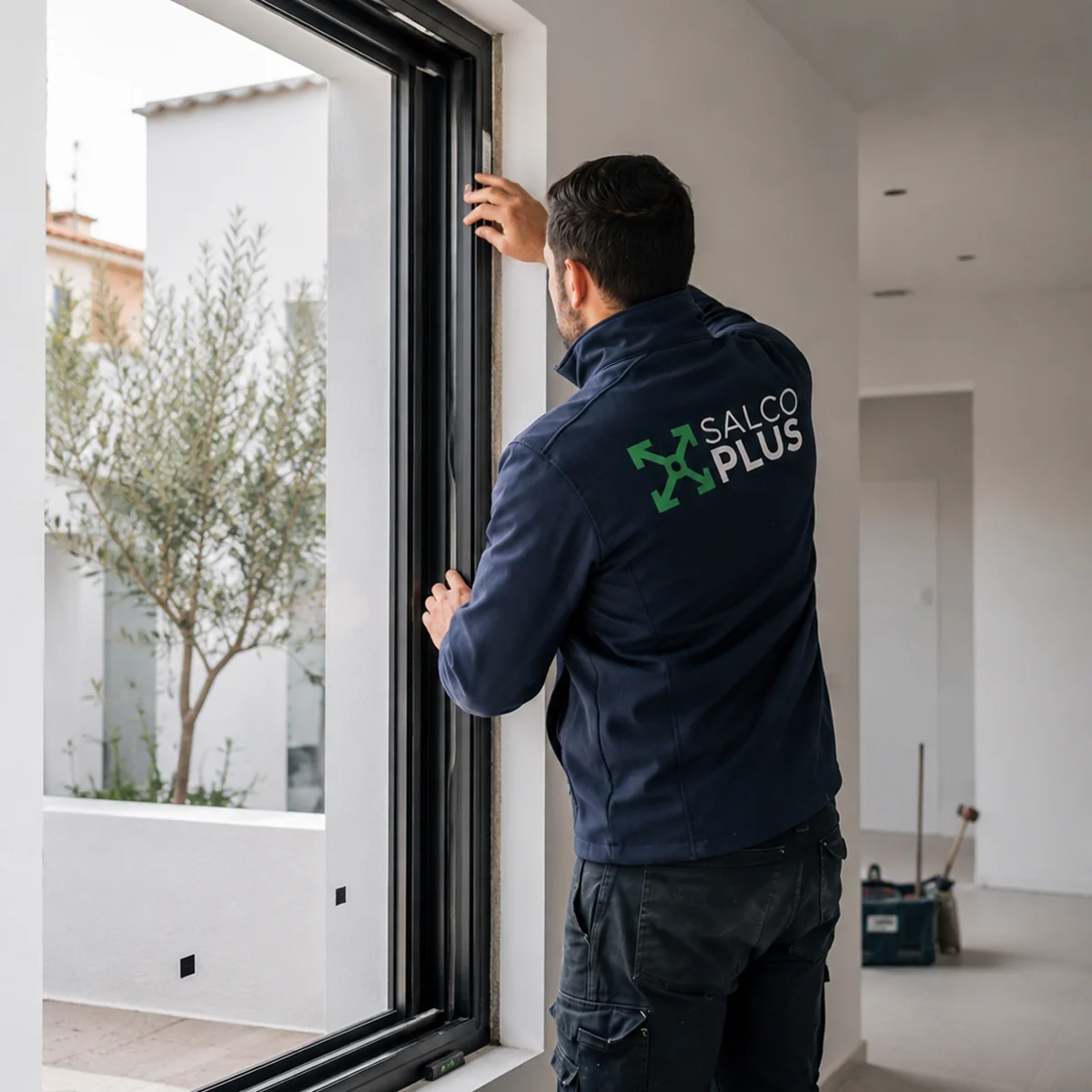 Instalador de SALCOPLUS ajustando una ventana de aluminio con RPT