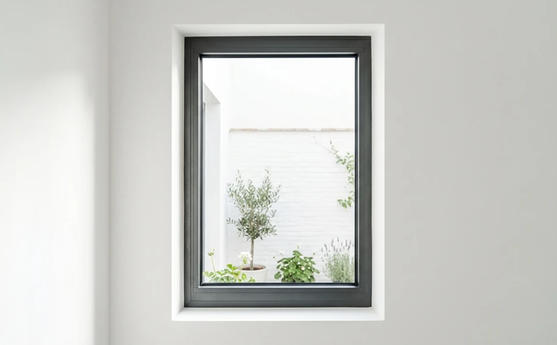 Ventana fija de aluminio a medida en color antracita instalada en una vivienda luminosa de Sevilla