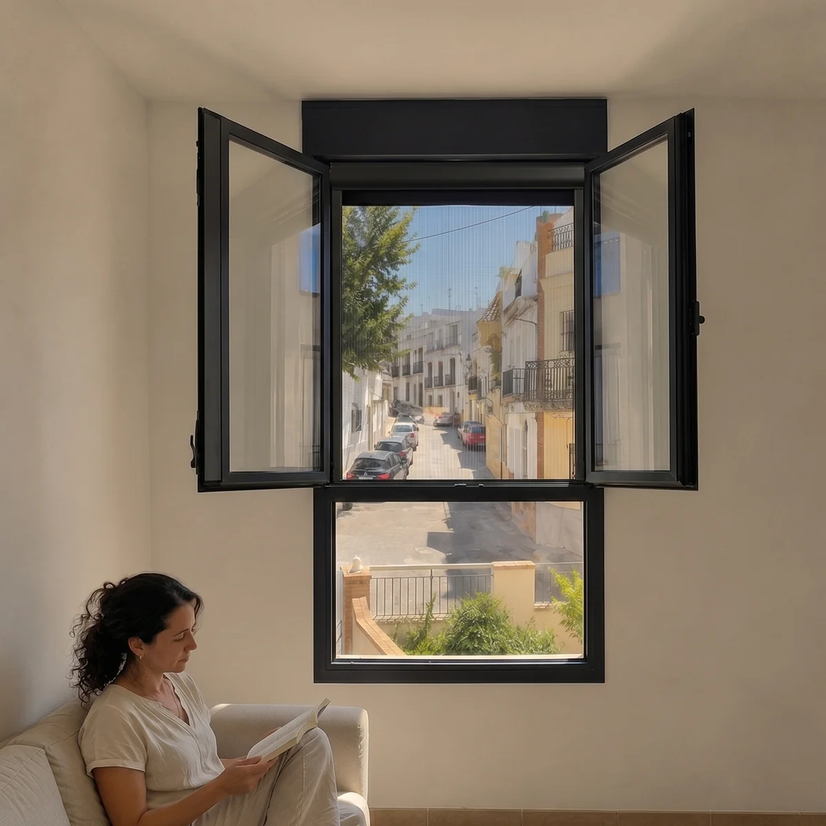 Ventana abatible de aluminio abierta para ventilar una vivienda de Sevilla