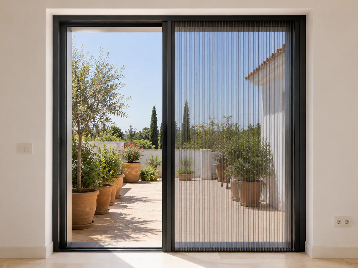 Mosquitera plisada con guía inferior plana instalada por SALCOPLUS en Sevilla