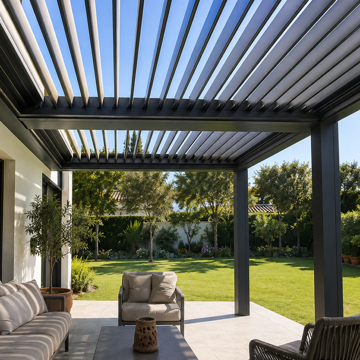 Regulación de lamas de aluminio para control solar y ventilación en terraza