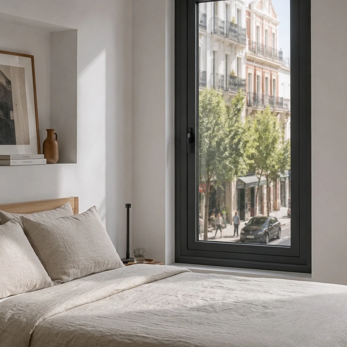 Dormitorio luminoso con ventana de aluminio acústica aislante cerrada frente a una calle de Sevilla