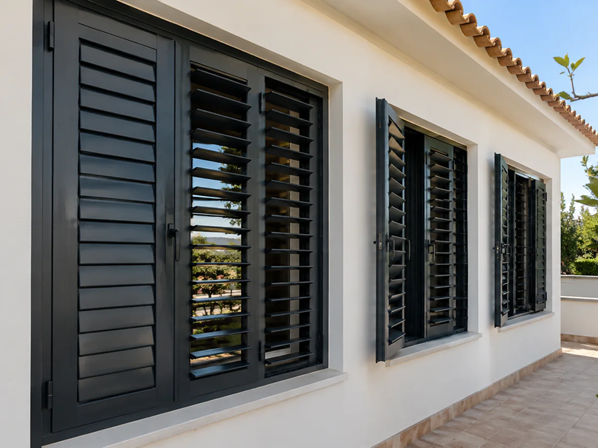 Mallorquina de lamas fijas de aluminio en fachada en Sevilla