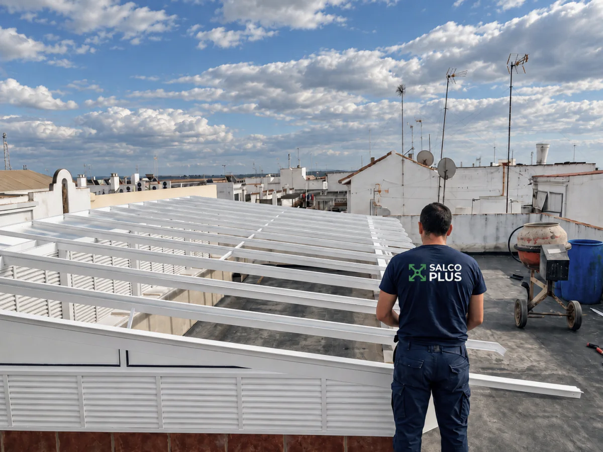 Trabajador de SALCOPLUS junto a una estructura de aluminio para cubierta acristalada en una azotea