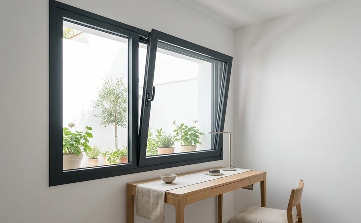 Ventana oscilobatiente de aluminio en posición de ventilación inclinada para mayor confort y seguridad