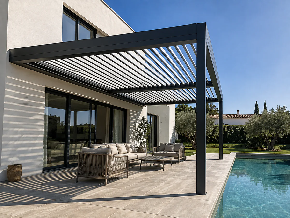 Pérgola bioclimática de lamas orientables fabricada e instalada por SALCOPLUS